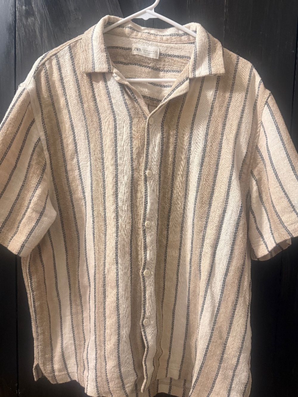 Zara Men’s XL Striped Textured Button Up Shirt Short Sleeve Resort Beach Casual